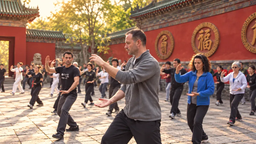 Séance collective de Qigong en plein air dans une cour de temple chinois, avec un pratiquant en veste grise au premier plan